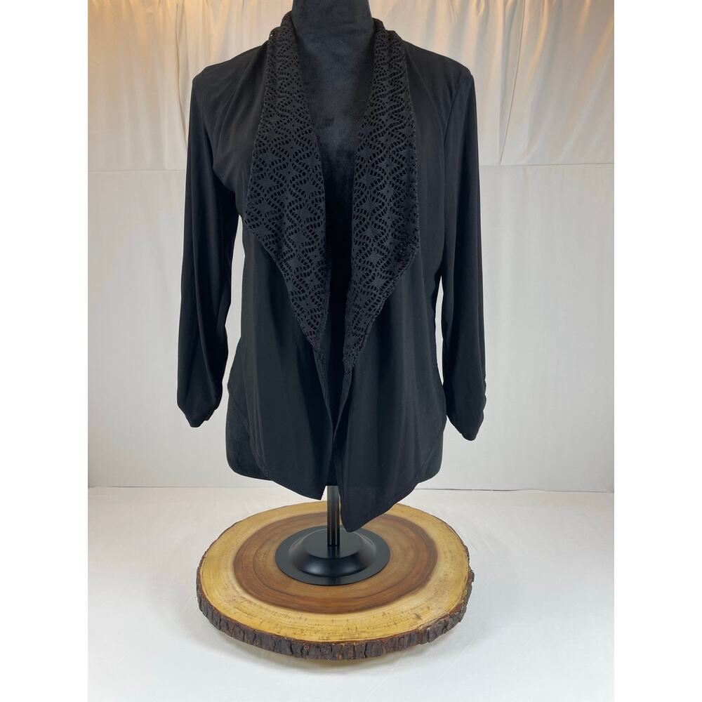 Michelle Lynn Crochet Trim Open Front Cardigan Shrug Black Drape Size Small